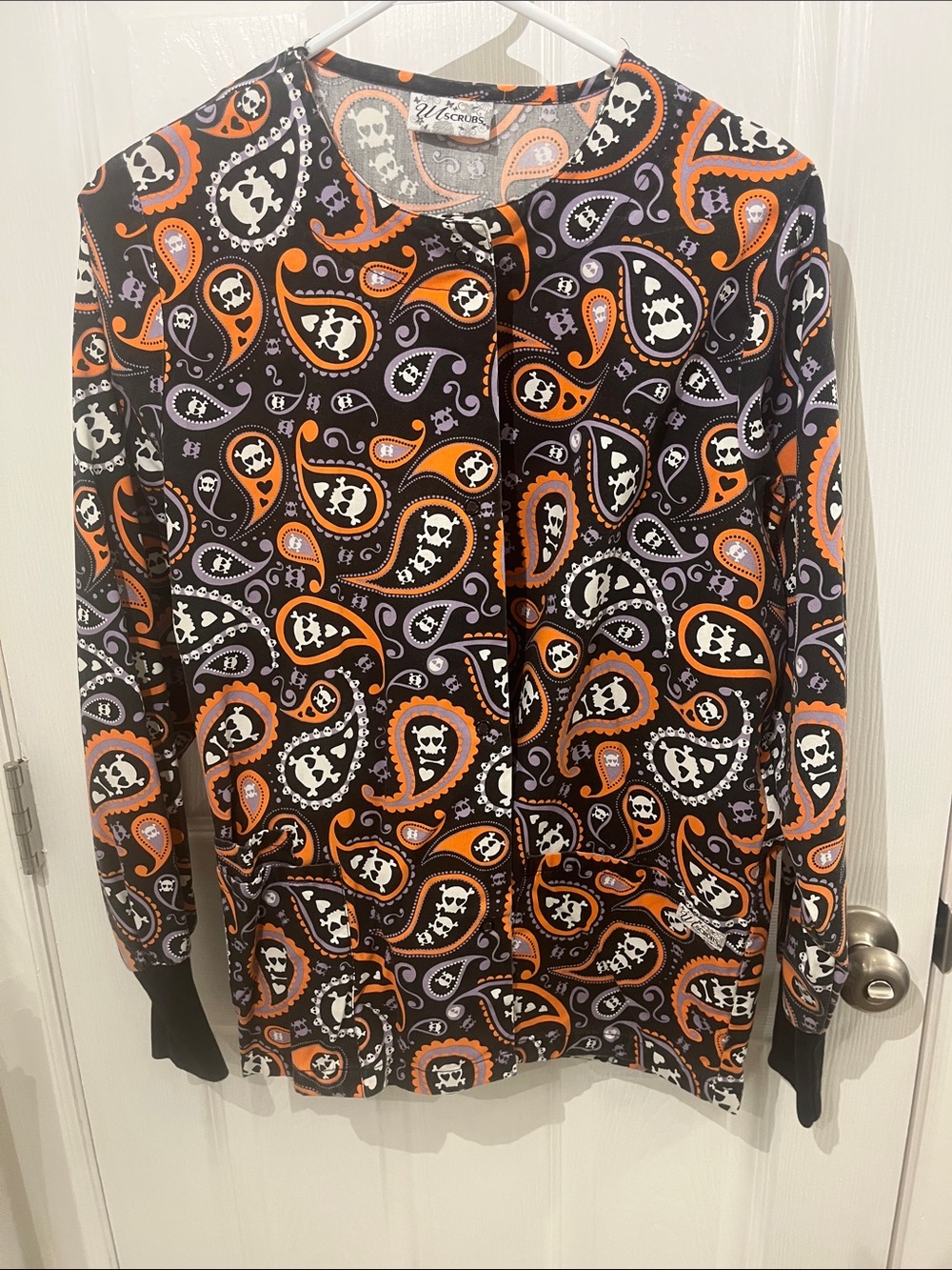 UA Scrubs Women Top - Black Orange Purple Paisley Skull Print